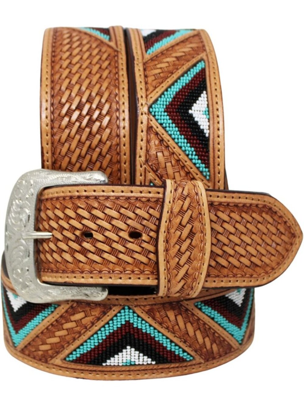Stylish 2" Wide Tooled Leather Belt with Beaded Details for Western Fashion